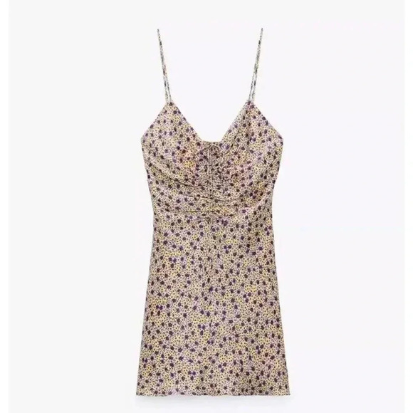 Zara Women’s Draped Satin Effect Floral Strappy Mini‎ Dress Size Medium - Picture 1 of 8